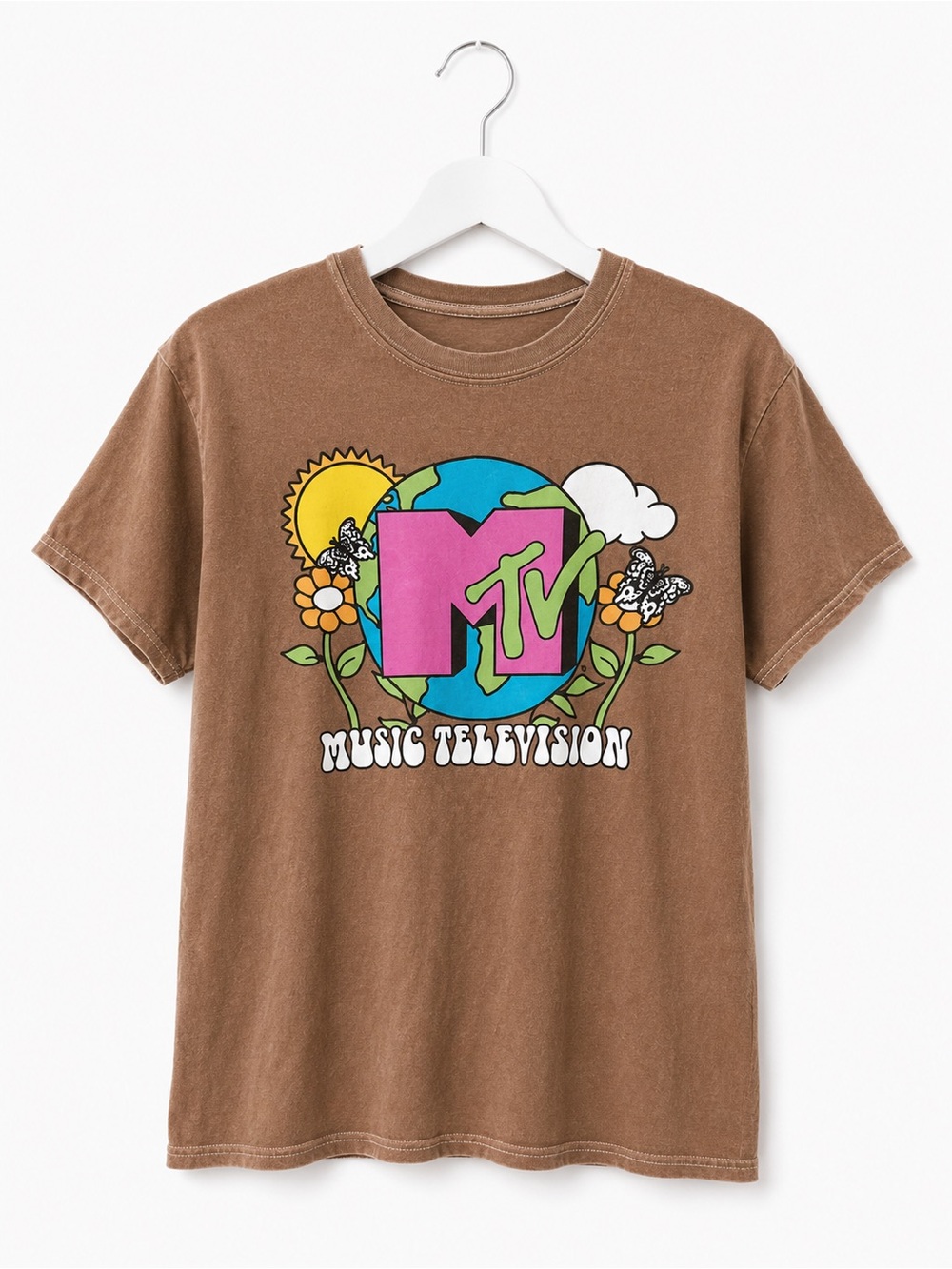 MTV Music Television Graphic Tee Brown Retro Y2K Butterfly Earth Small